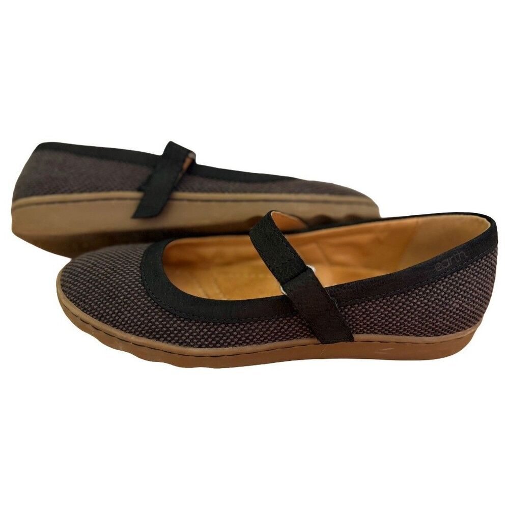Earth Lorali Mary Jane Flats Women's 7 Black Gray Woven Adjustable Strap
